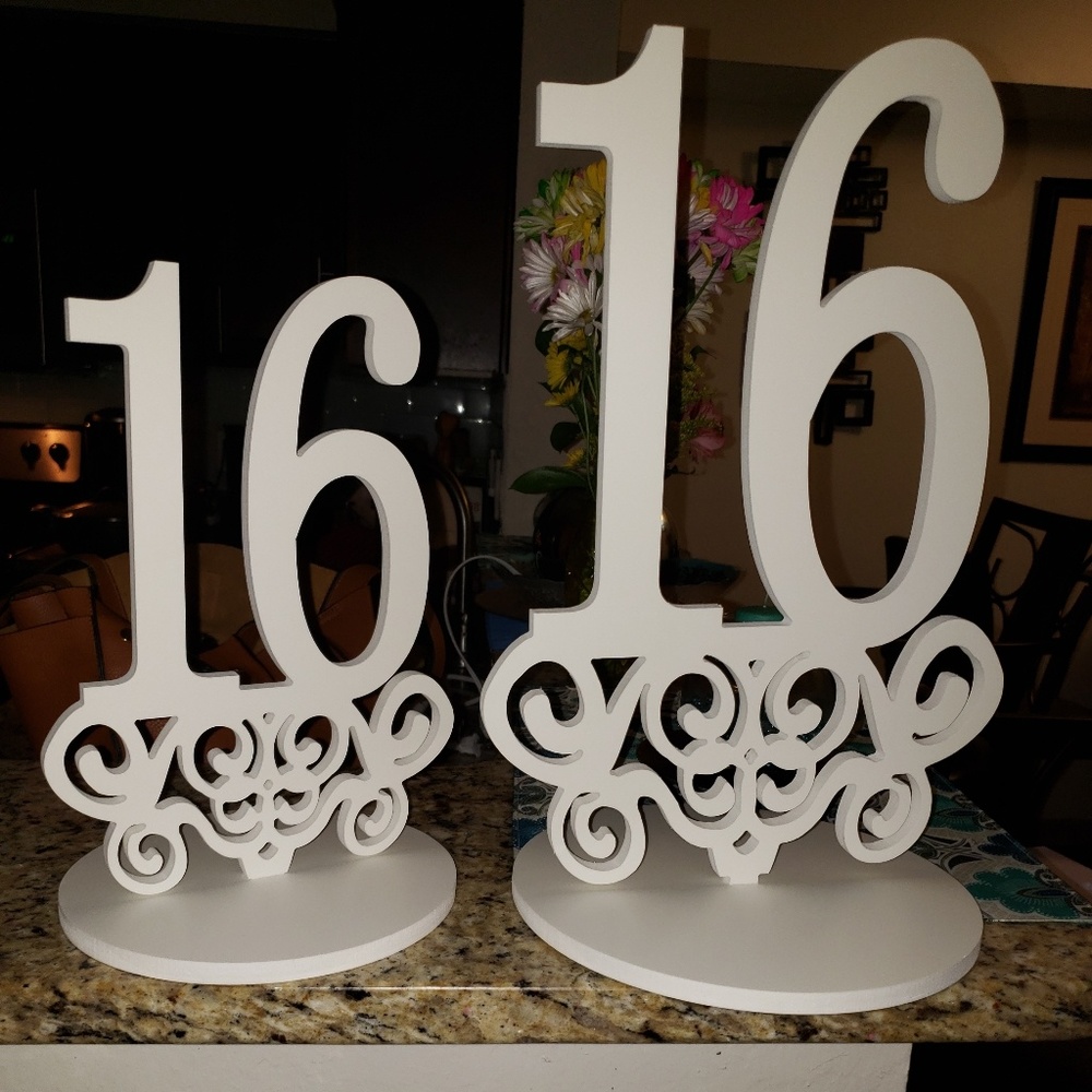 White PVC stand alone #16 caketopper centerpiece